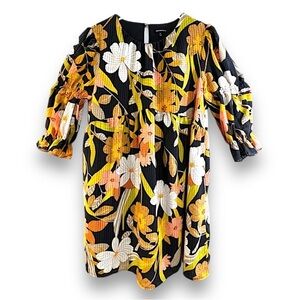 WHO WHAT WHERE coral ivory floral on black & puff sleeves empire waist pockets M